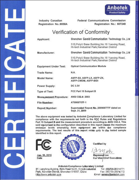 Porcellana Shenzhen Gaveid communication Technology Co.,Ltd Certificazioni